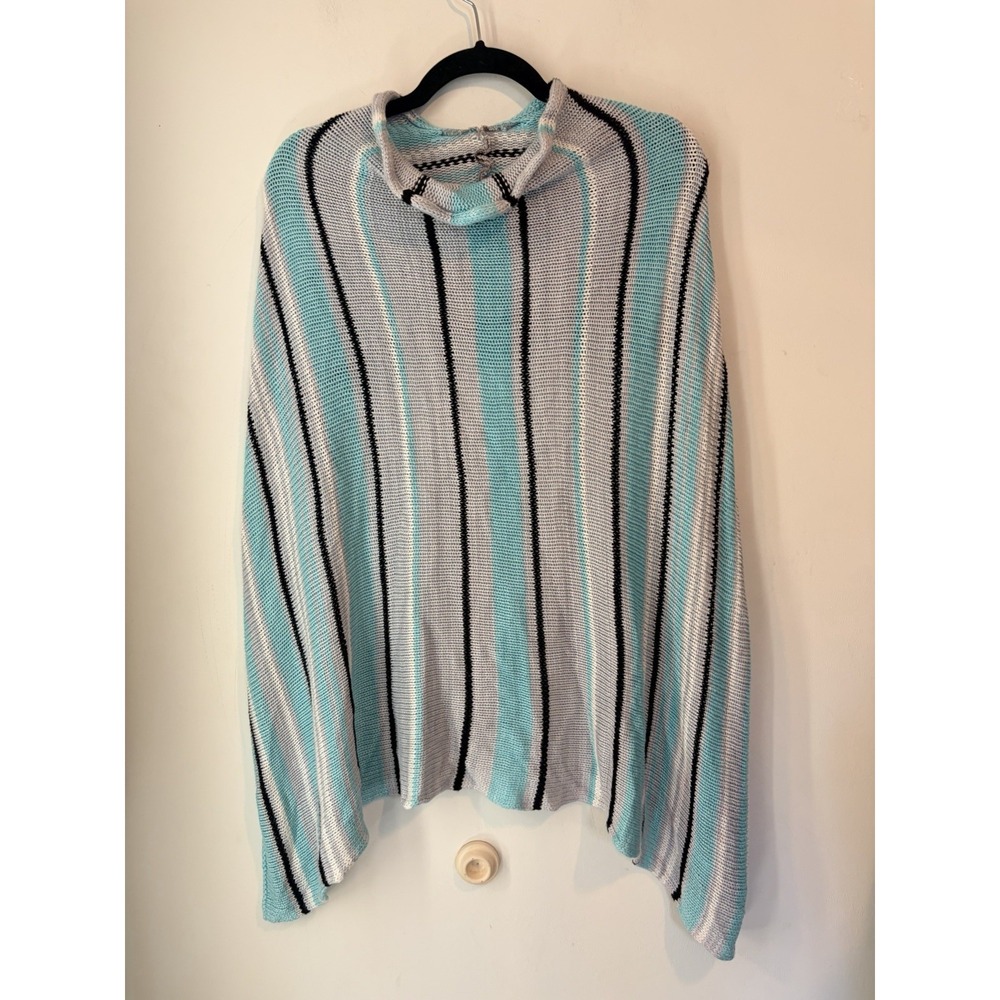 Shakti Shanti 100% Bamboo Cape Sweater Hand Knit Blue Stripe Backless Waffle Kni